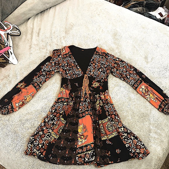 Free people closer to the heart orange/blk long sleeve mini dress. Size XS - Picture 1 of 6